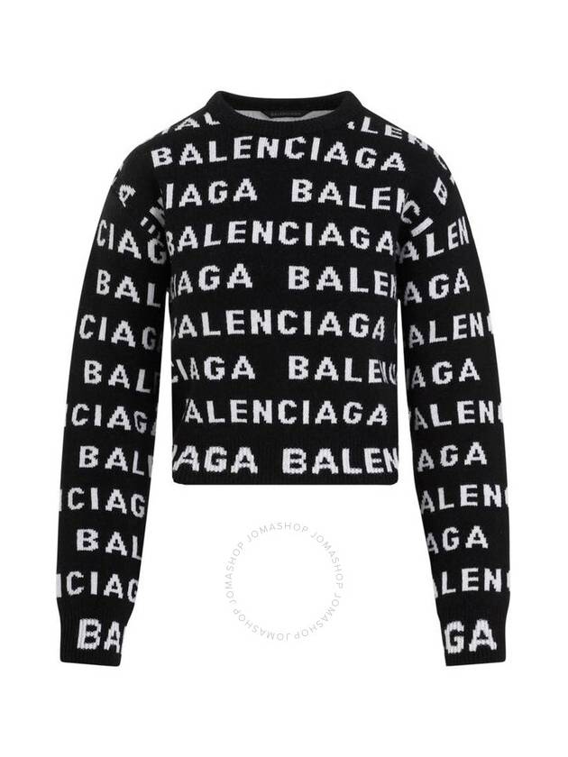 Luxury Balenciaga  Intarsia All-Over Logo Crew Neck Knit Top Black