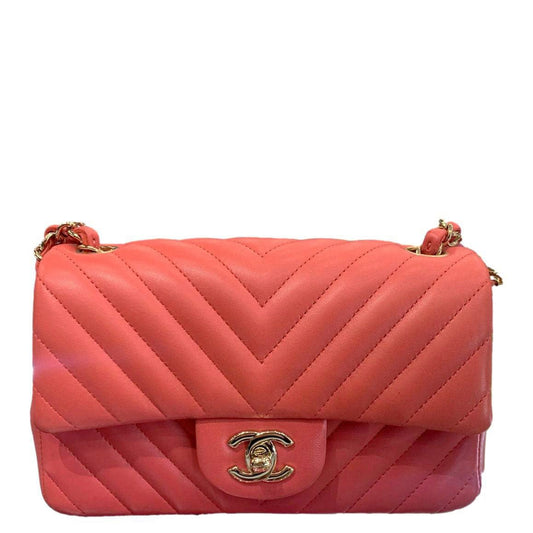 CHANEL Mini Flap Quilted Chevron Leather Crossbody Bag Red