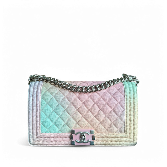 Chanel Boy Medium - Caviar Rainbow 25CM Limited Edition Quilted Silver Hardware Series 25