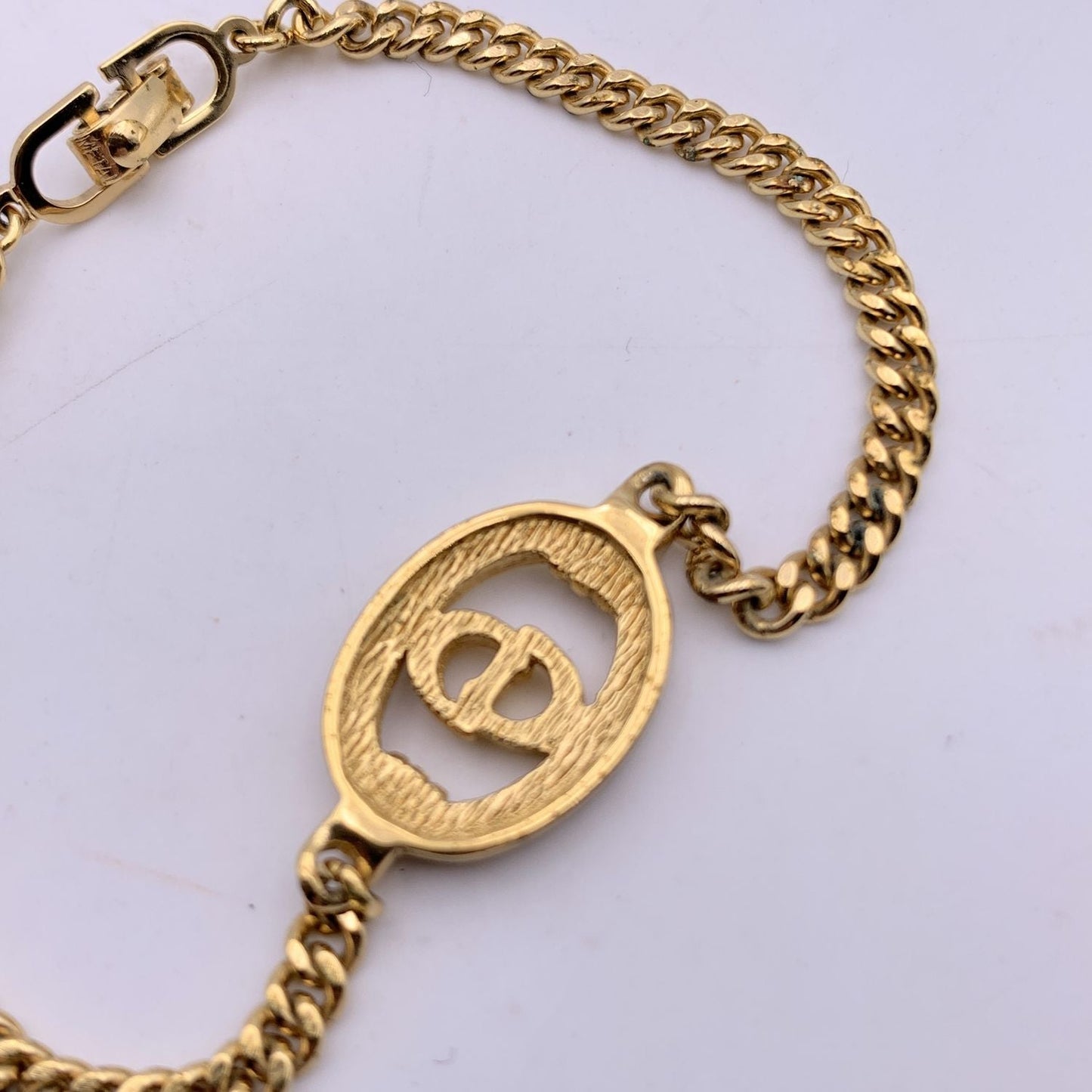 CHRISTIAN DIOR Vintage Gold Metal Cd Crystals Logo Chain Bracelet