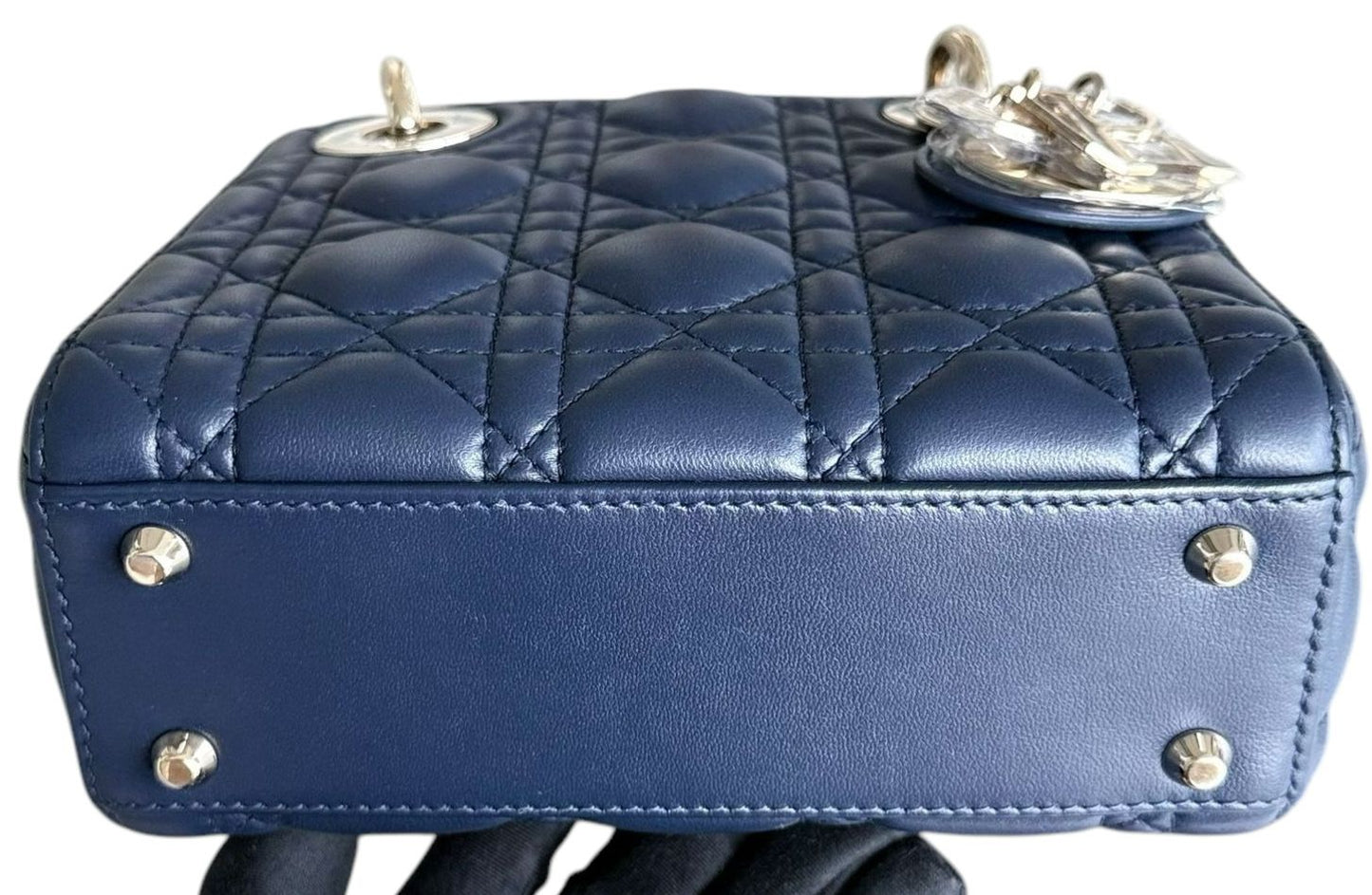 Dior Navy Black Cannage Leather Mini Lady Dior Chain Tote Bag