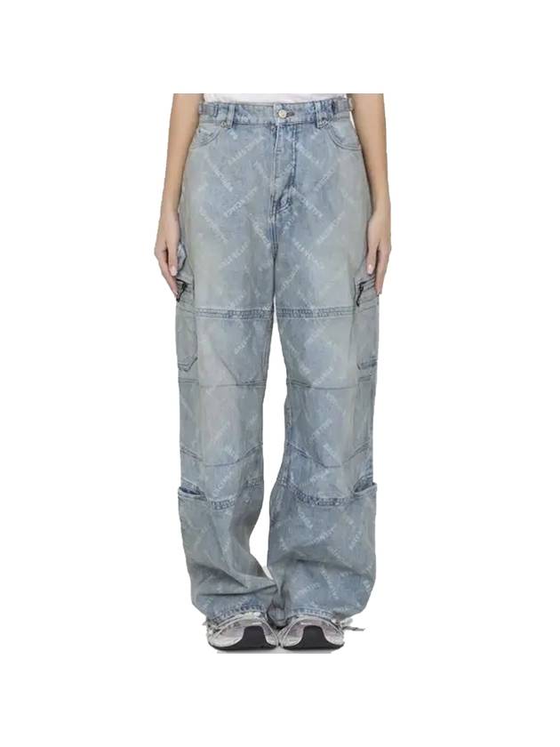 Luxury Balenciaga  Bal Diagonal Allover Cargo Wide Jeans Blue