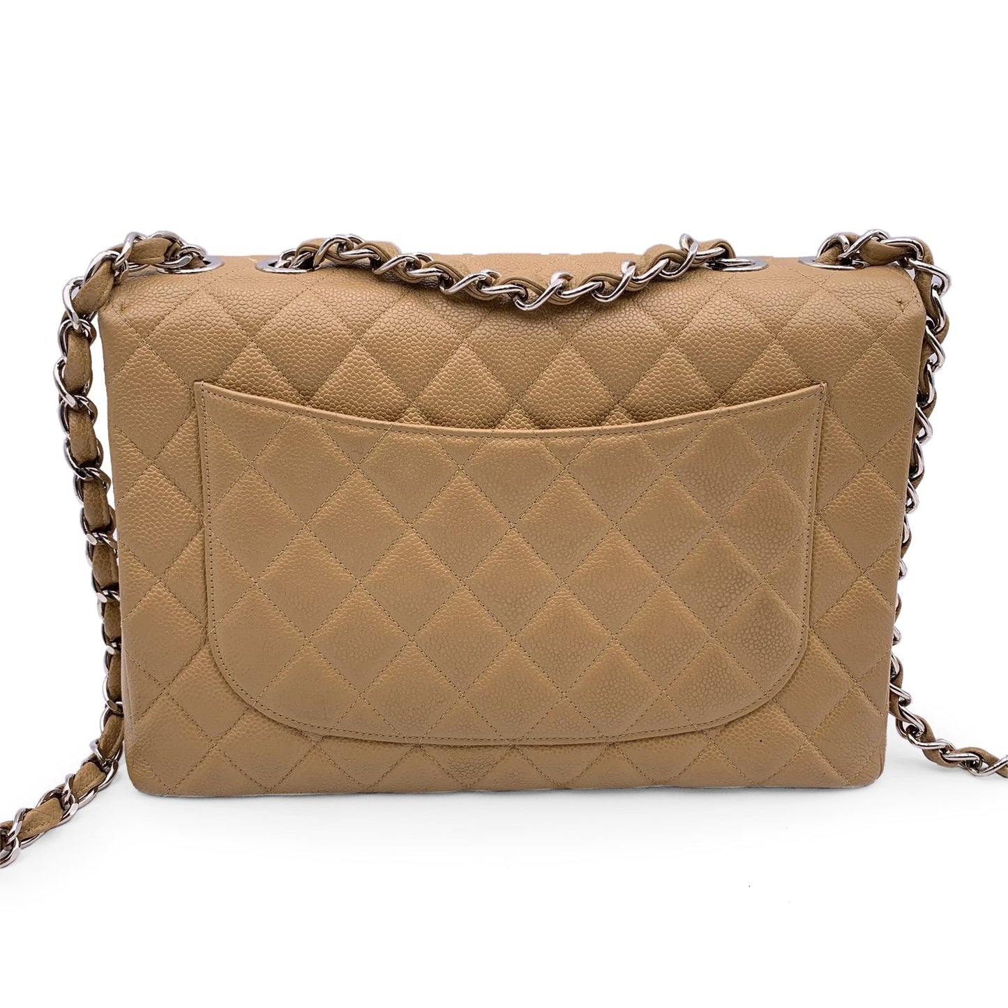 CHANEL Vintage Beige Quilted Caviar Jumbo Timeless Classic Flap Bag
