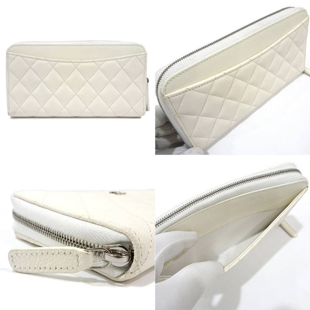 CHANEL Classic Long Zip Wallet AP0242 Green  S Caviar Skin White Silver G  Round  Wallet Small s