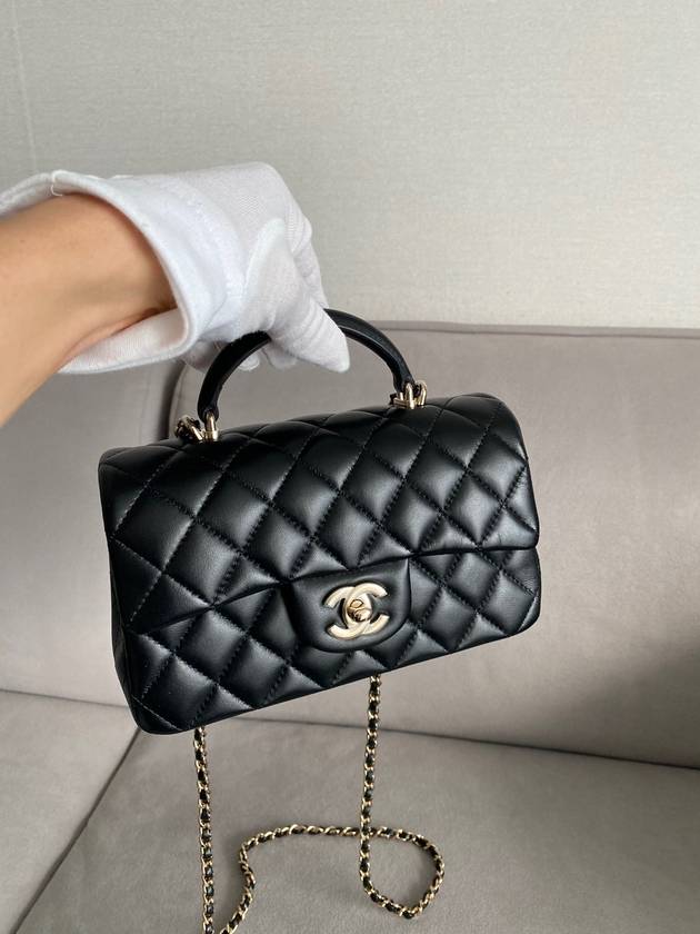 New Mini Top Handle Flap Bag Lambskin Black Gold Shamgol AS2431 Chanel
