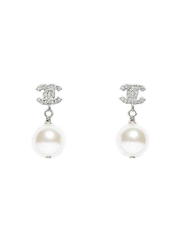 Metal Glass Strass Pearly White Earrings Silver Chanel