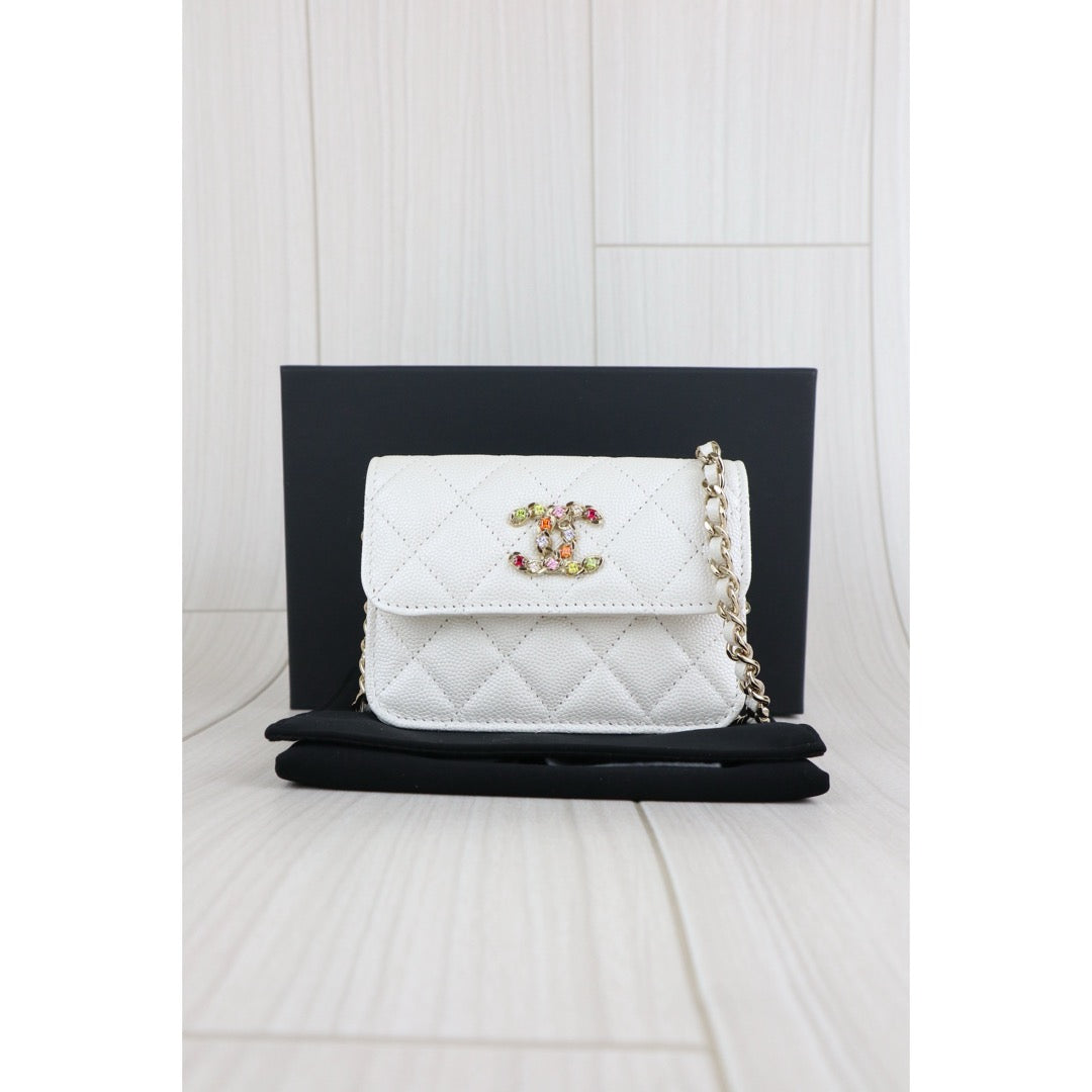 Very Good ( Rank A)｜ CHANEL Matelasse Chain Calf Leather Colour Rhinestone Mini WOC White  IC Chips Model ｜W25062903
