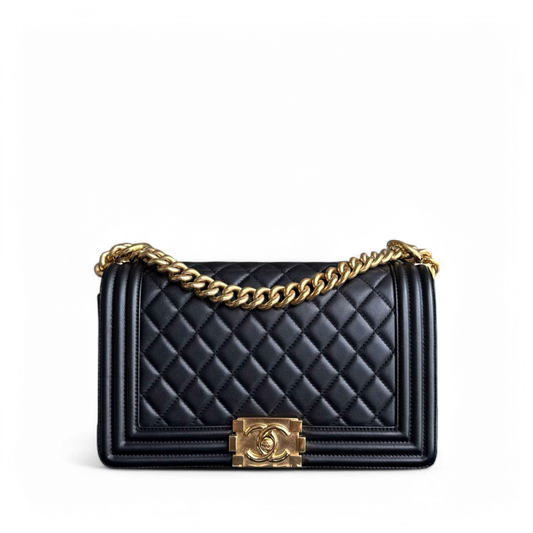 Chanel Boy Medium - 25CM Quilted Calfskin Black Gold Hardware Series 20