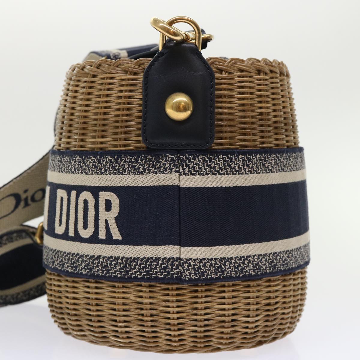 CHRISTIAN DIOR Christian Basket Bag Trotter Canvas Shoulder Bag Rattan Blue Auth 51270a