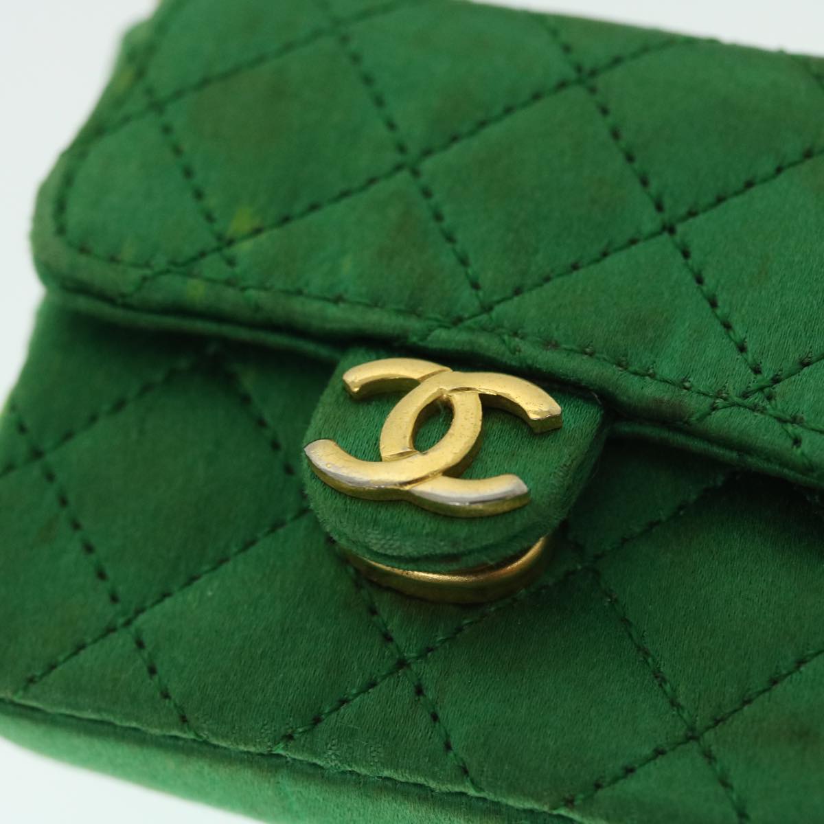 Top Quality Chanel Mini Matelasse Chain Pouch Shoulder Bag Satin Green Gold CC Auth 51271A