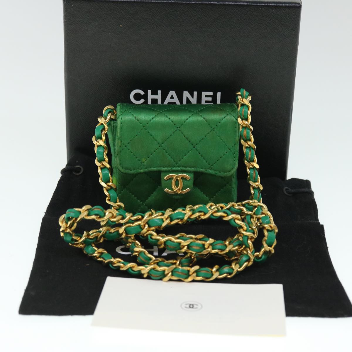 Top Quality Chanel Mini Matelasse Chain Pouch Shoulder Bag Satin Green Gold CC Auth 51271A