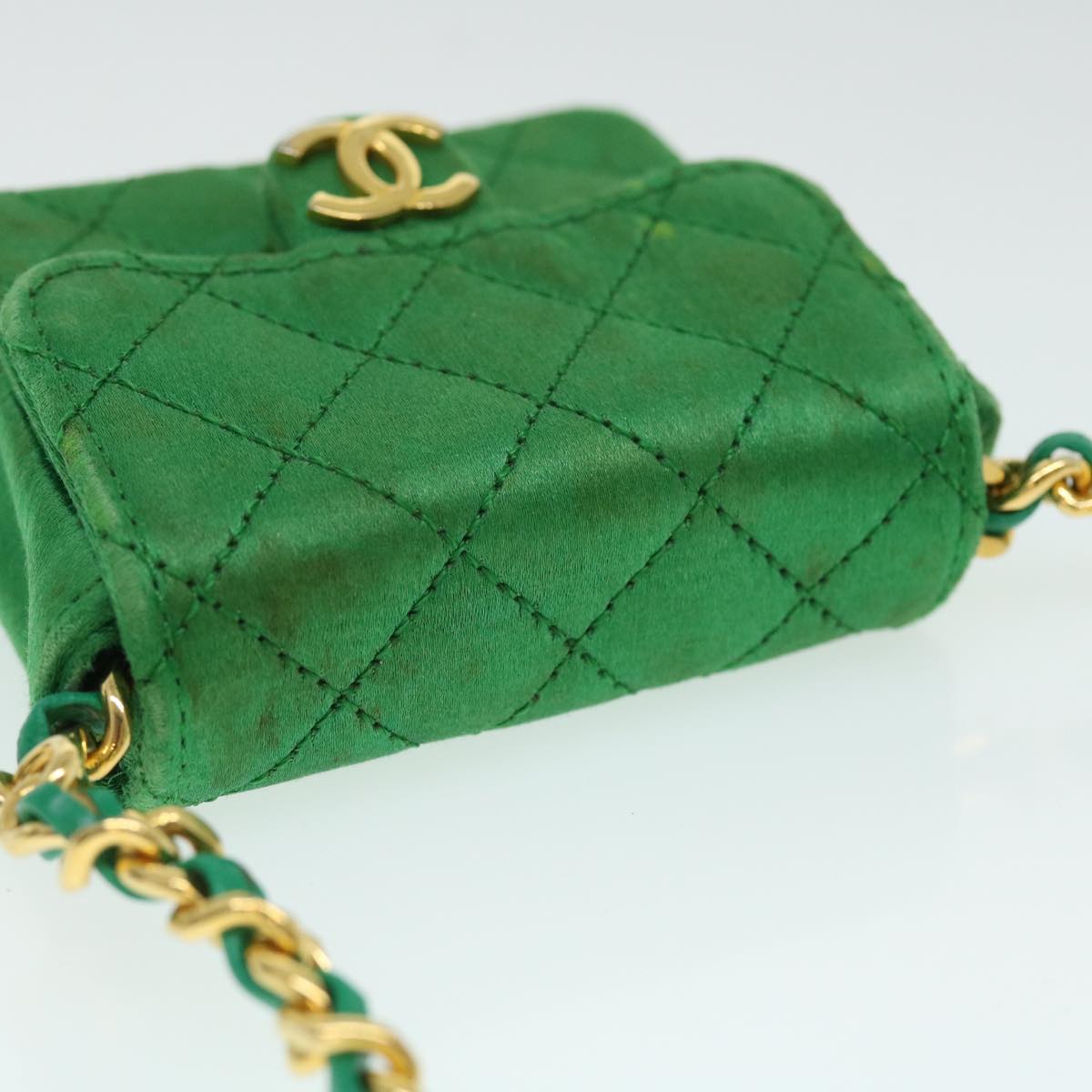 Top Quality Chanel Mini Matelasse Chain Pouch Shoulder Bag Satin Green Gold CC Auth 51271A