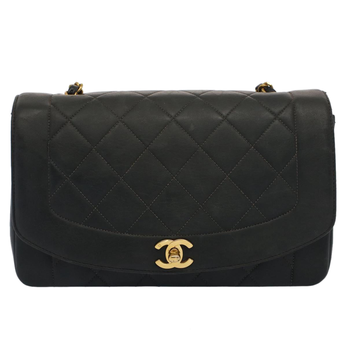 CHANEL Diana Matelasse Turn Lock Shoulder Bag Lamb Skin Black CC Auth 51272A