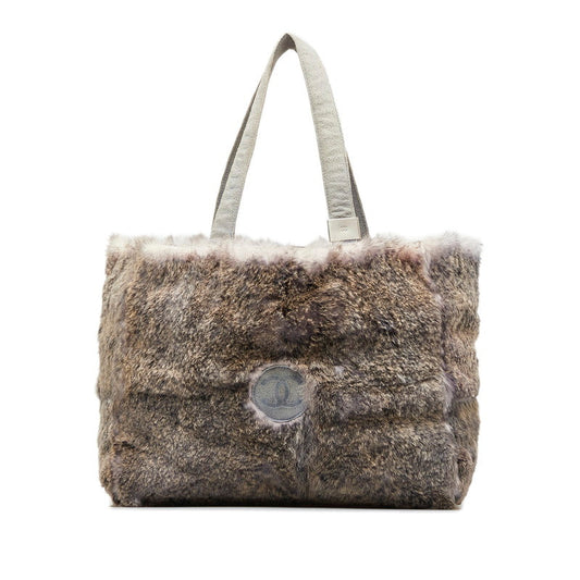 Chanel Coco Mark Handbag Tote Bag Grey Rabbit Fur Suede Women's