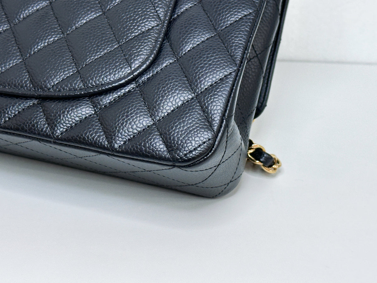 Chanel Medium Size Classic Quilted Caviar Double Flap Bag Black 1184 holo card