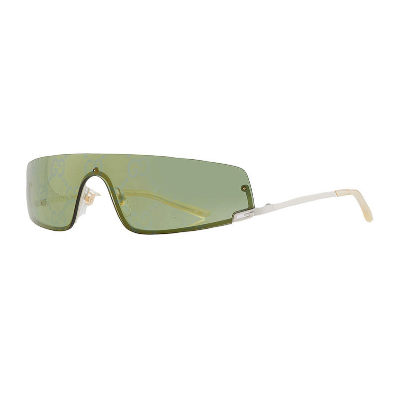 Gucci Sunglasses Shield Semi Rim, Shiny Solid Ivory Frame and Green with GG pattern Mirror Lens GG1561S003