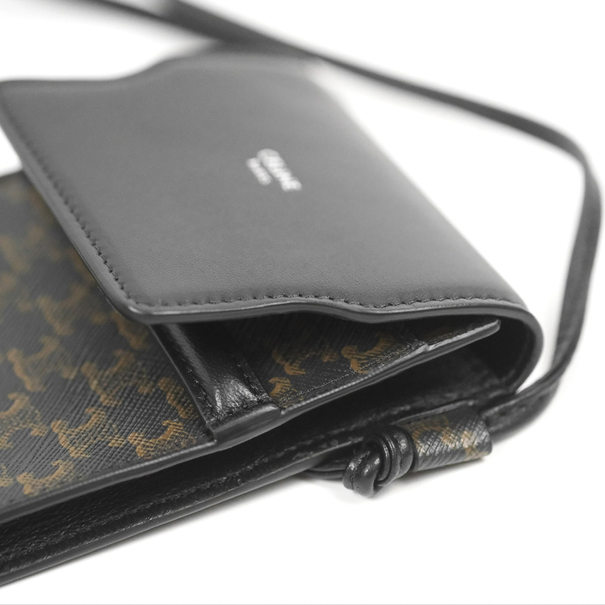 Celine Phone Pouch with Flap Black Triomphe Canvas Lambskin