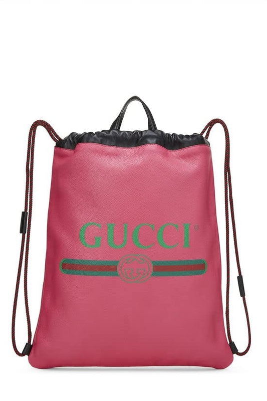 Gucci, Pink Leather Logo Print Drawstring Backpack Large , Pink