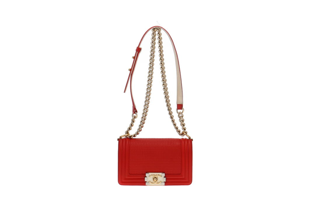 Chanel Red Cube Embossed Leather Small Boy Bag 2013/14