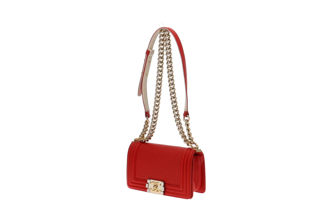 Chanel Red Cube Embossed Leather Small Boy Bag 2013/14