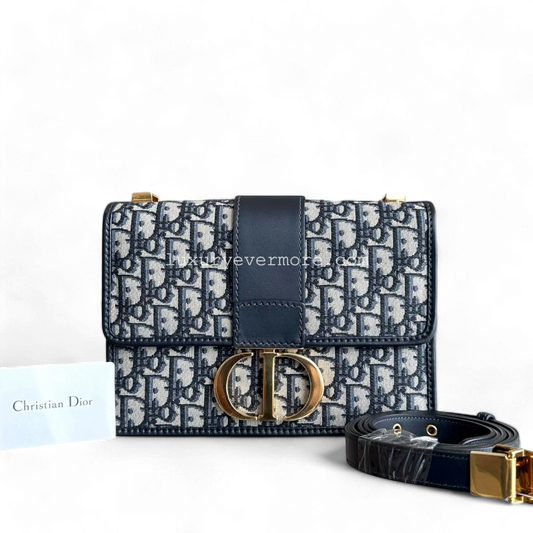 Dior Montaigne 30 - Medium Oblique Canvas Blue Shoulder Bag Golden Hardware