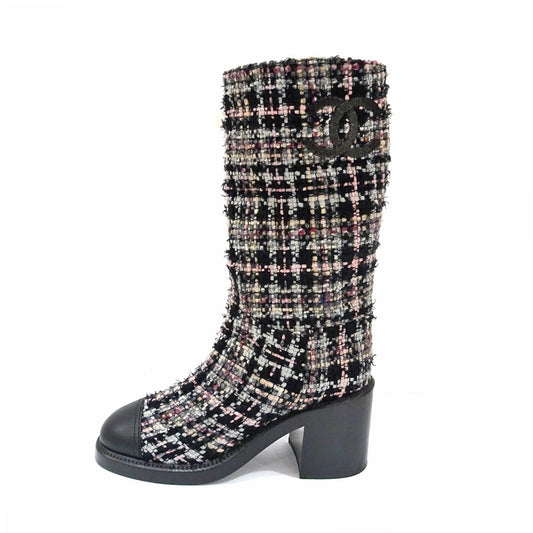 Chanel Long Boots G39614 38 Black Tweed Leather Shoes For Women