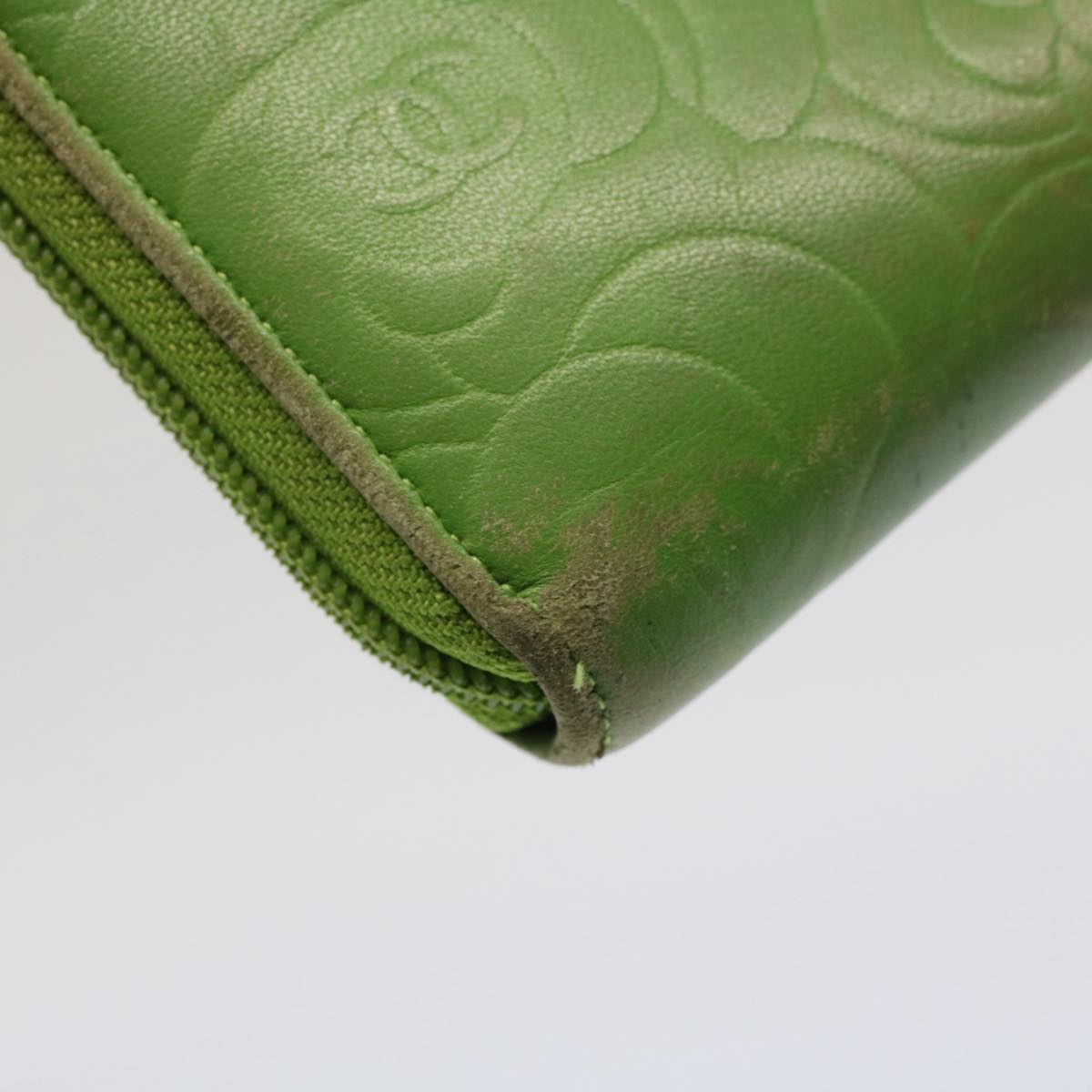 CHANEL Camelia Long Wallet Leather Green CC Auth 52452