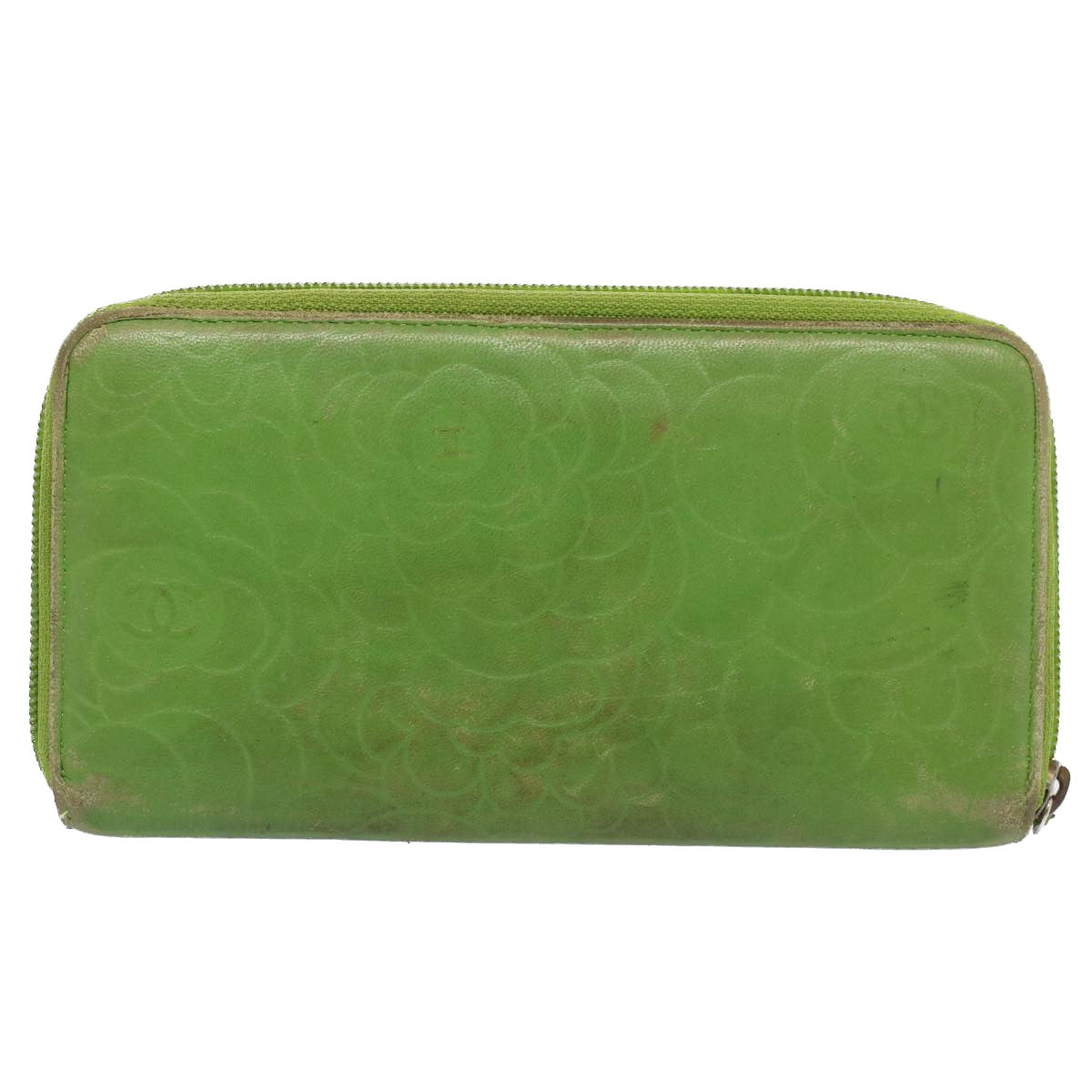 CHANEL Camelia Long Wallet Leather Green CC Auth 52452