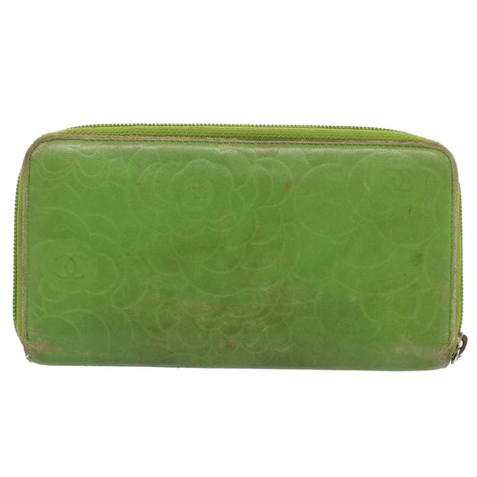 CHANEL Camelia Long Wallet Leather Green CC Auth 52452