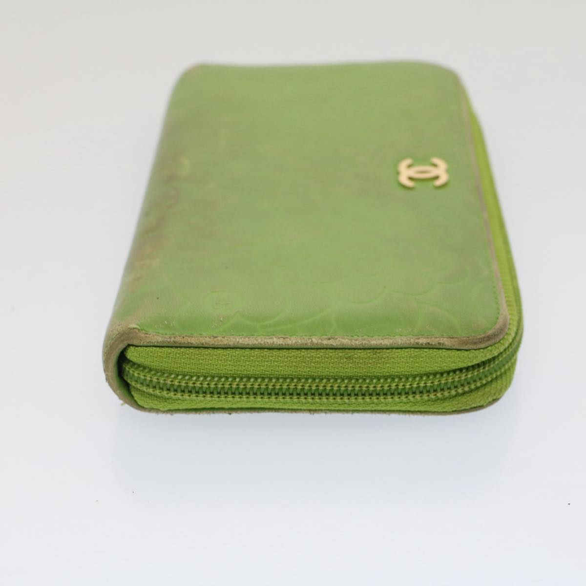 CHANEL Camelia Long Wallet Leather Green CC Auth 52452