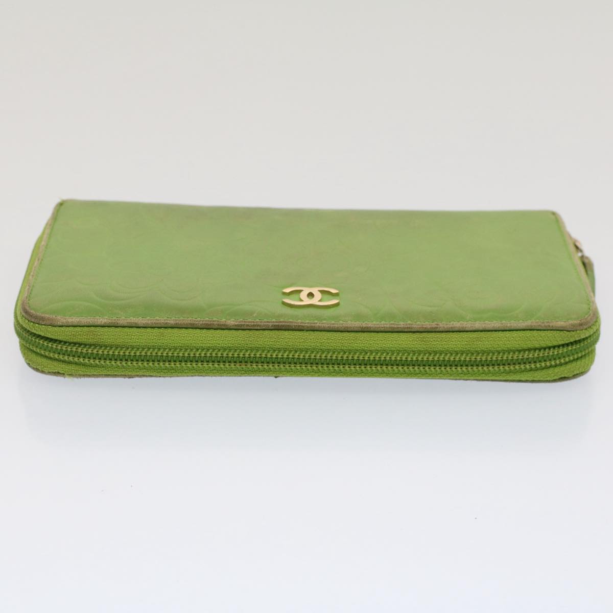 CHANEL Camelia Long Wallet Leather Green CC Auth 52452