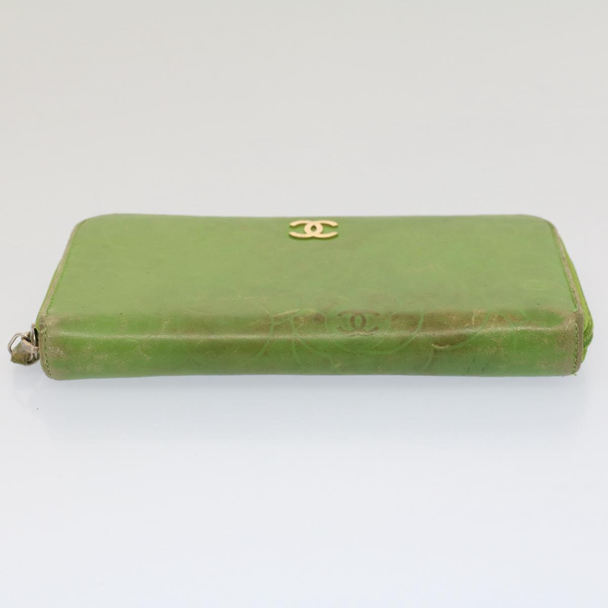 CHANEL Camelia Long Wallet Leather Green CC Auth 52452