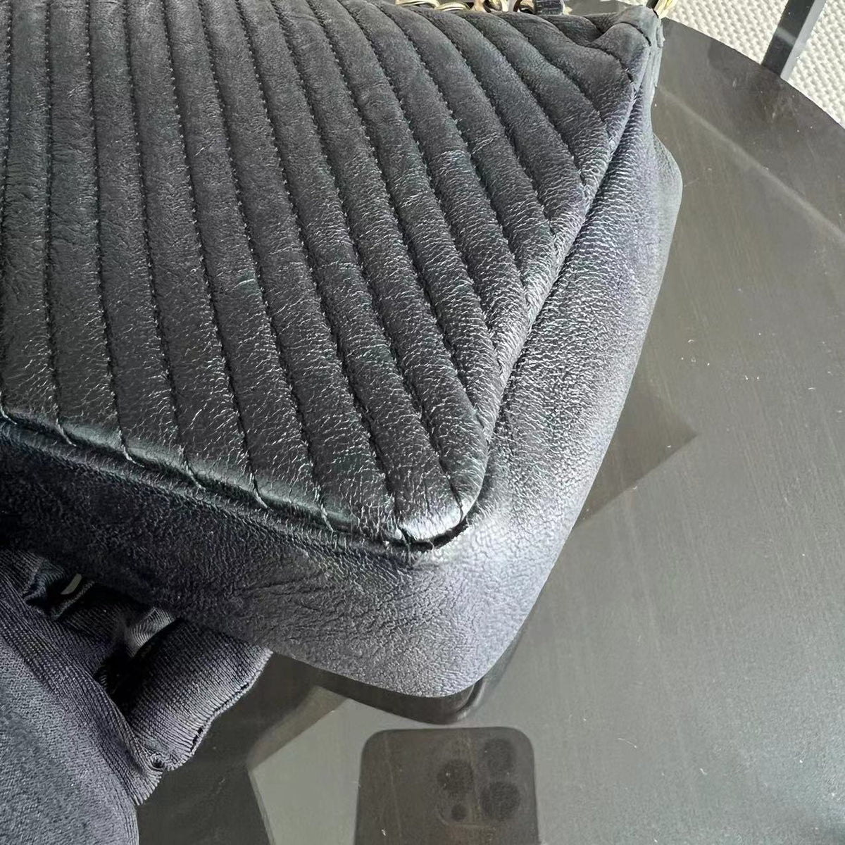 Seasonal Herringbone Medium Flap in Black Distressed Calfskin Aged Golden Hardware Series 21
