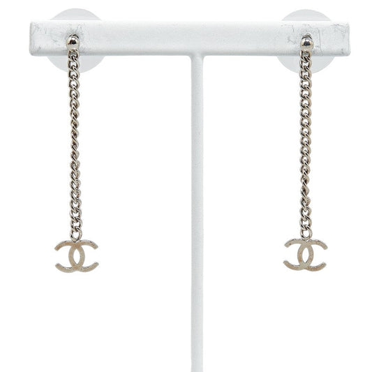 Chanel Coco Long Chain Stud Earrings Silver Metal  Chanel