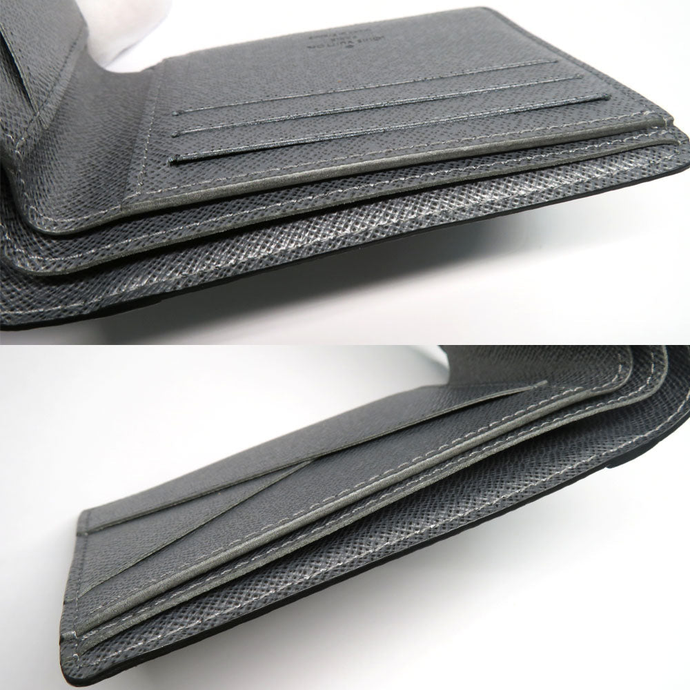 Louis Vuitton Portefolio Multipur M30843  Monogram Taiga Double Fold Wallet Silver Gr Card Compact Coinless Leather Mens Unisex
