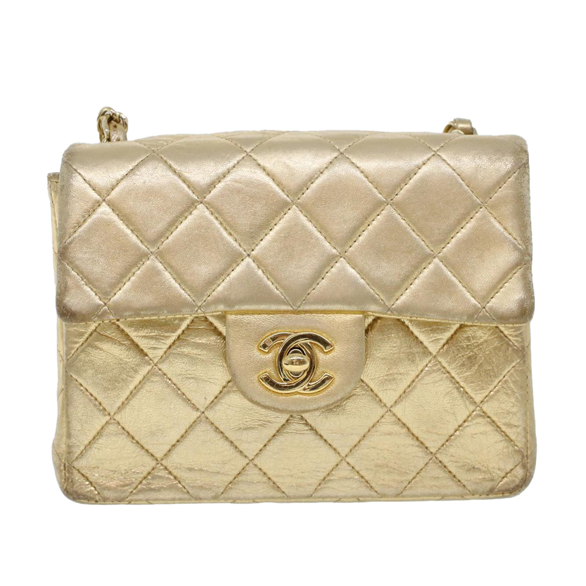 Top Quality Chanel Matelasse Turn Lock Chain Shoulder Bag Lamb Skin Gold CC Auth 53752A