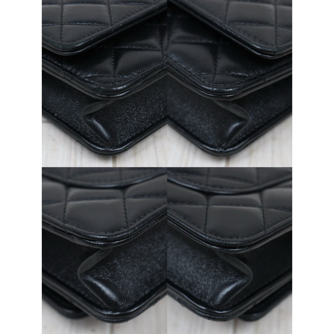 Good ( Rank AB)｜ CHANEL Matelasse Lamb Skin Chain Wallet Black Gold Hardware IC Chips Model ｜P25031402