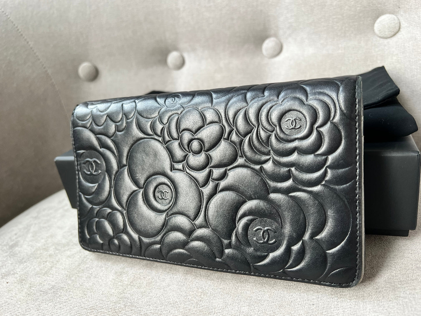 Chanel Black Lambskin Camellia Flap Wallet