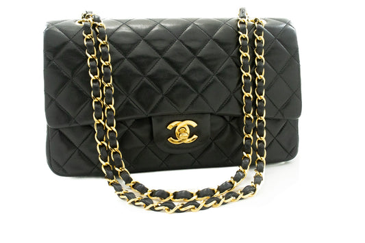CHANEL Classic Double Flap 10" Chain Shoulder Bag Black Lambskin