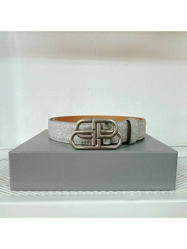 Luxury Balenciaga  BB Buckle Glitter Calf Leather Belt Silver