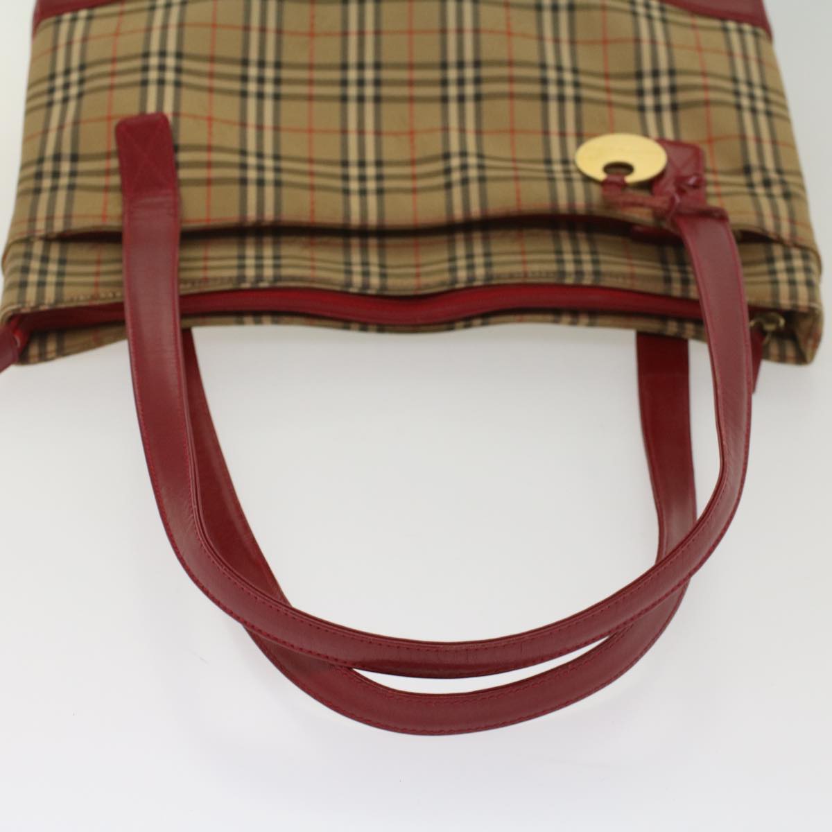 BURBERRY Nova Check Tote Bag Nylon Leather Beige Red Auth 54684