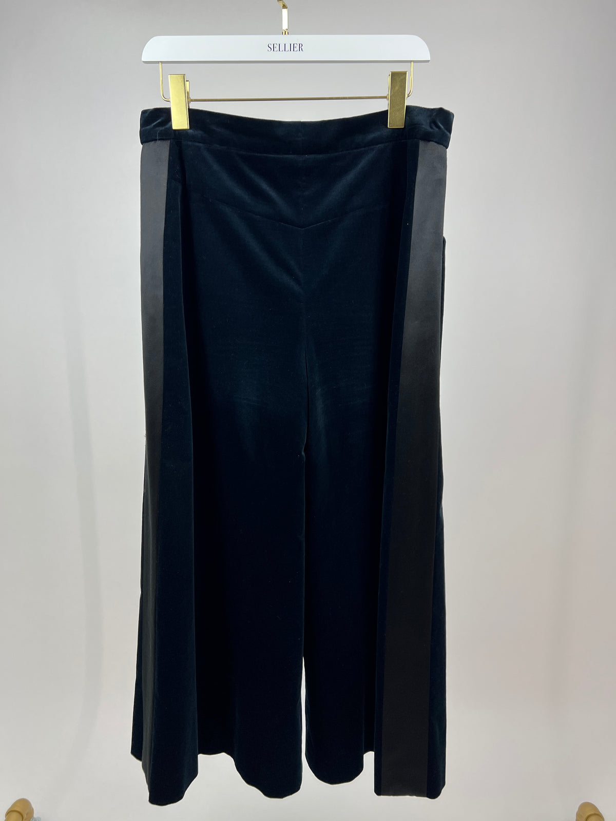 Chanel Navy Velvet Wide Leg Trousers with Black Satin Band and CC Logo Details FR 44 (UK 16)