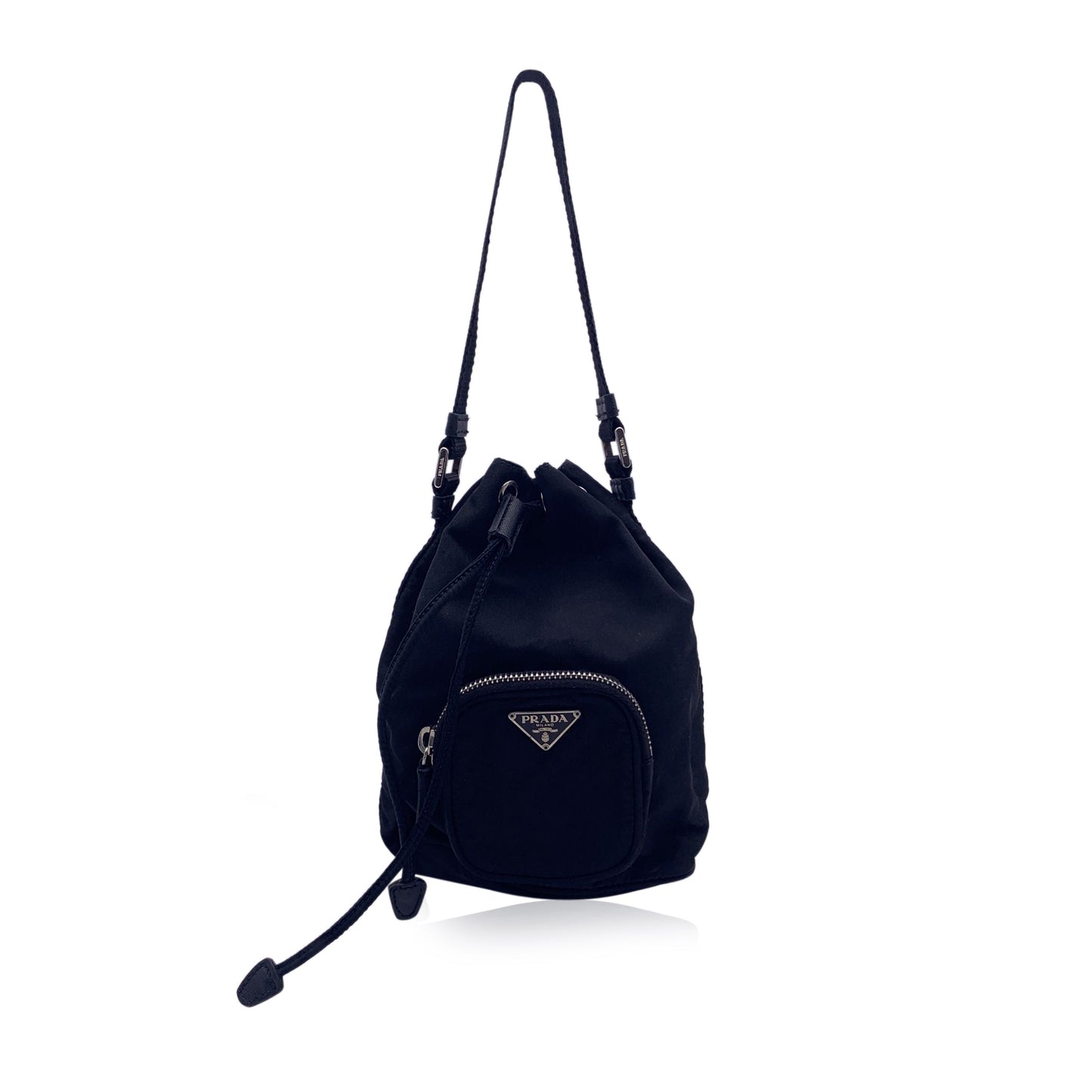PRADA Black Nylon Mini Tessuto Nylon Duet Bucket Bag Handbag