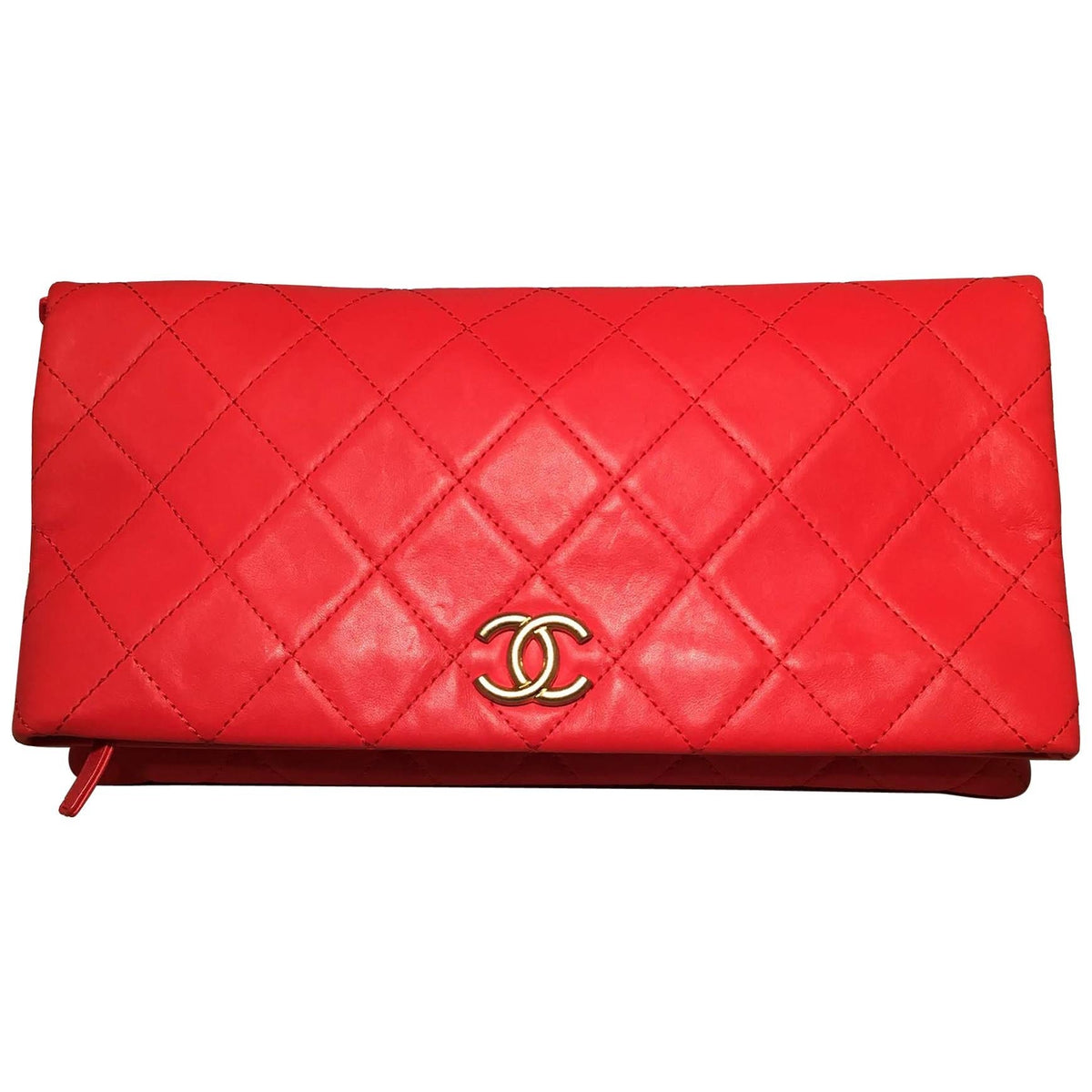 CHANEL Red Quilted Leather CC Fold Over Clutch
