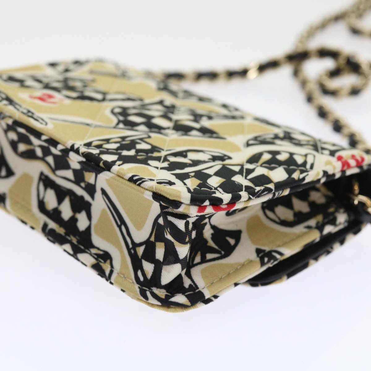 CHANEL Mini Matelasse Shoulder Bag Canvas Beige Black CC Auth 55538A