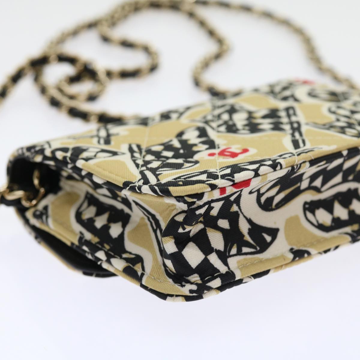 CHANEL Mini Matelasse Shoulder Bag Canvas Beige Black CC Auth 55538A