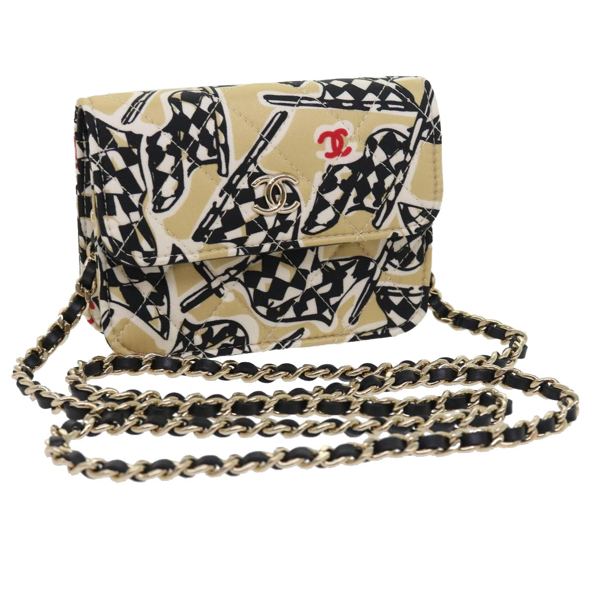 CHANEL Mini Matelasse Shoulder Bag Canvas Beige Black Cc Auth 55538a