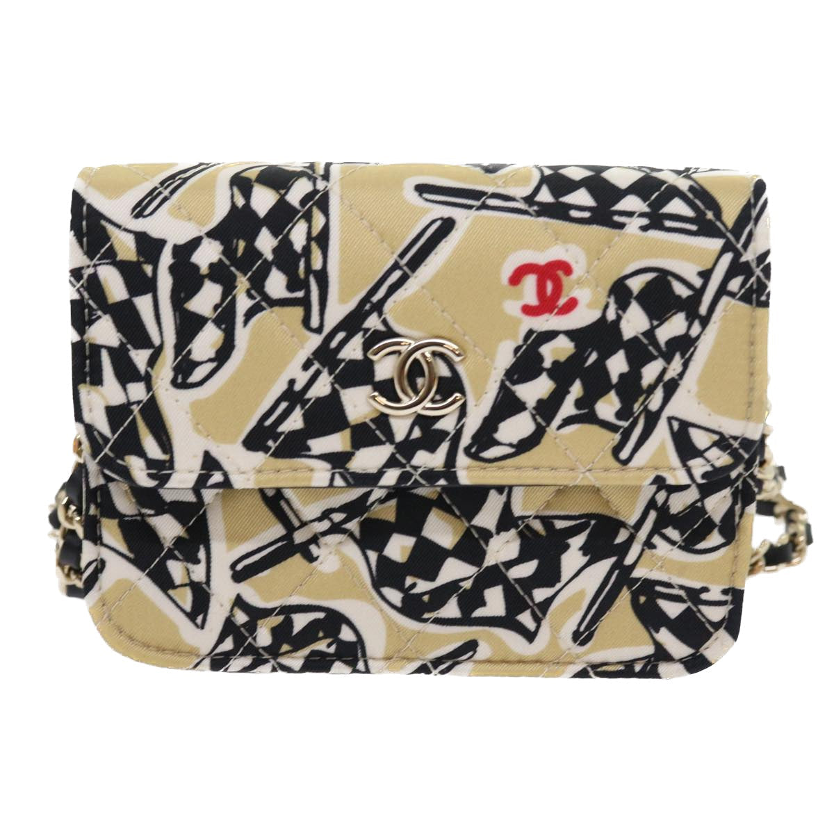 CHANEL Mini Matelasse Shoulder Bag Canvas Beige Black CC Auth 55538A
