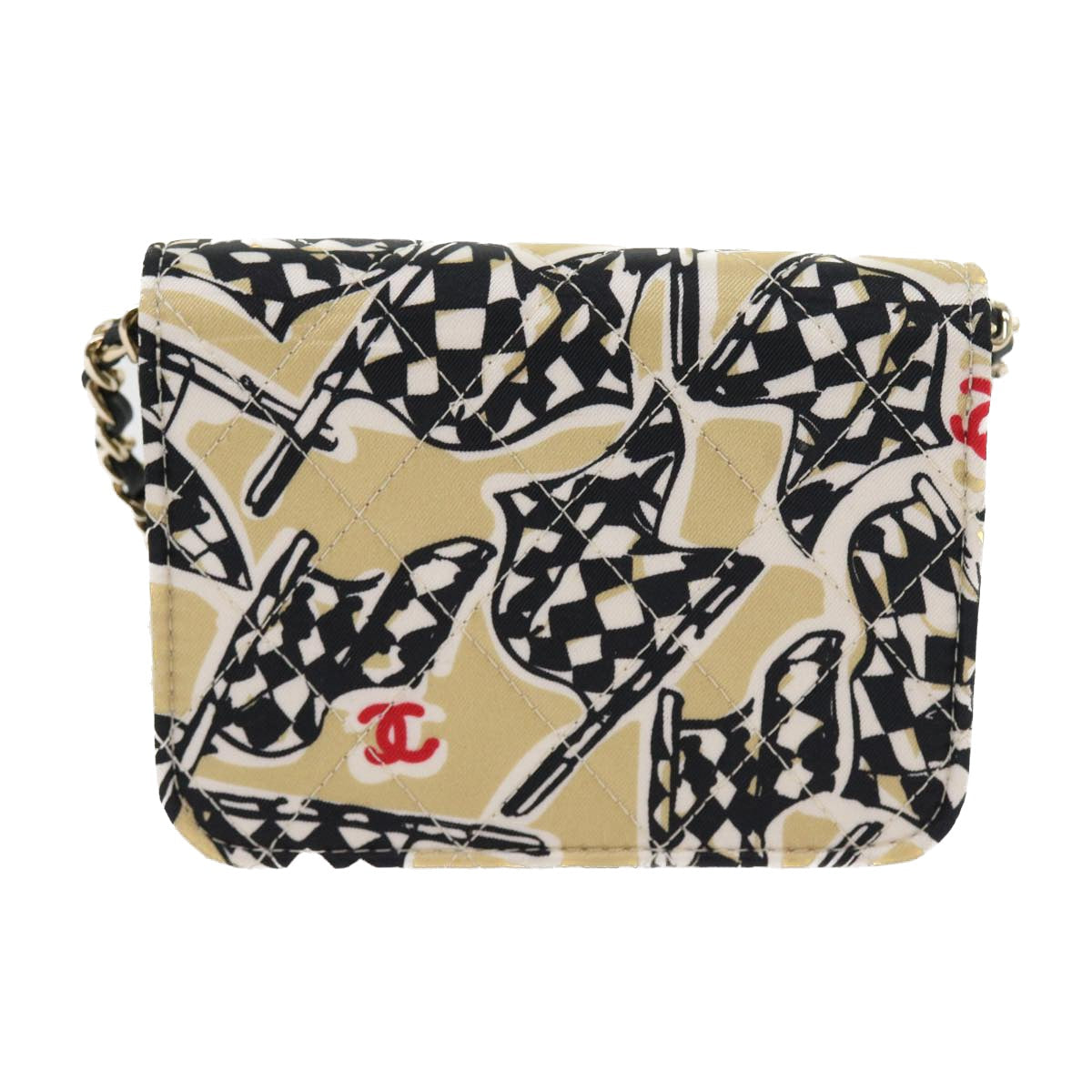 CHANEL Mini Matelasse Shoulder Bag Canvas Beige Black CC Auth 55538A