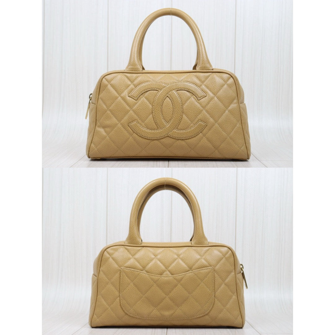 Good ( Rank AB)｜ CHANEL Caviar Skin Leather Calf Leather Bowling Hand Bag Beige Made In 2003～2004Year｜P25051601